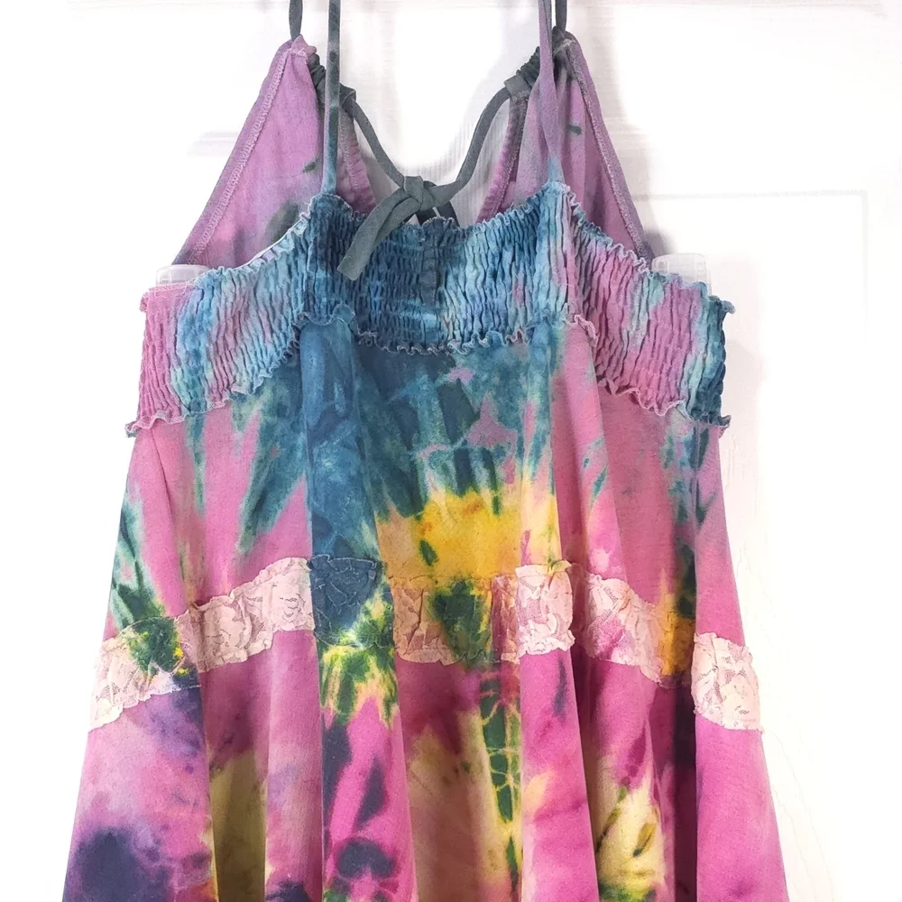Handmade Tie Dye Midi Dress Cotton Deep V-Neck Size M - L Fairycore - Picture 5 of 8